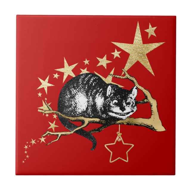 Vintag Red Gold Cheshire Cat Star Weihnachten Fliese (Vorderseite)
