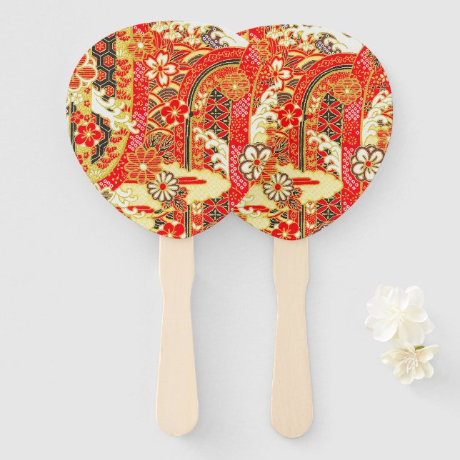 Vintag Red Gold Japanische Kimono Blume Fächer (Vorne und Hinten)