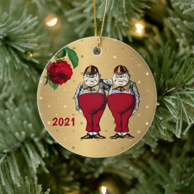 Vintag Red Gold Tweedles Weihnachten Keramik Ornament (Baum)