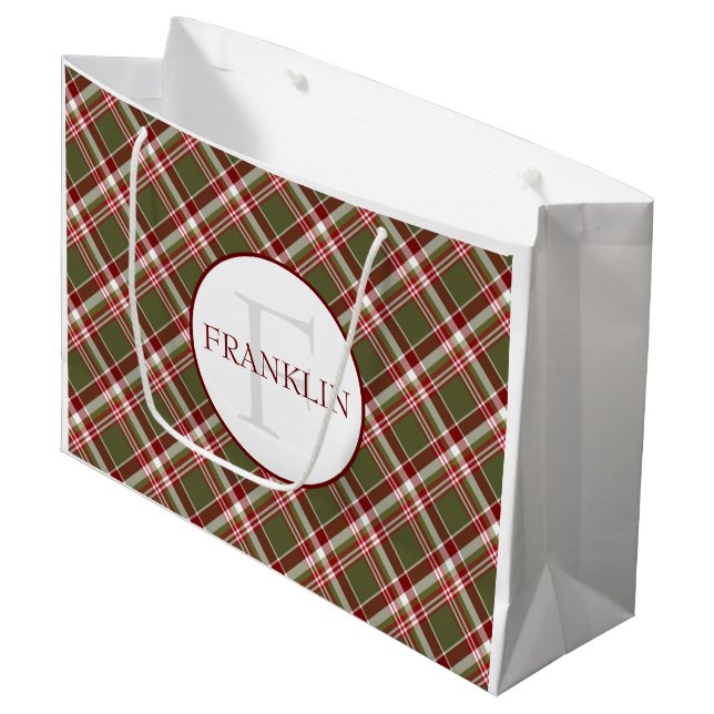Vintag Red Green Classic Kariert Monogram Große Geschenktüte (Vorderseite Schrägansicht)