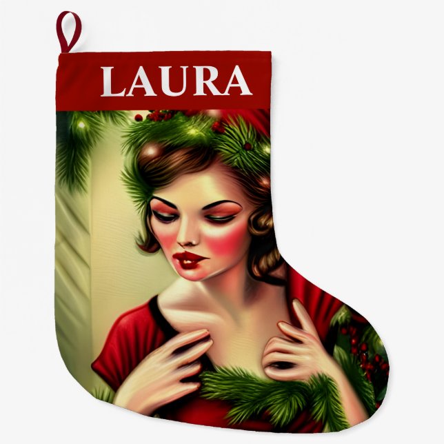 Vintag Red Lady Retro Großer Weihnachtsstrumpf (Vorderseite)