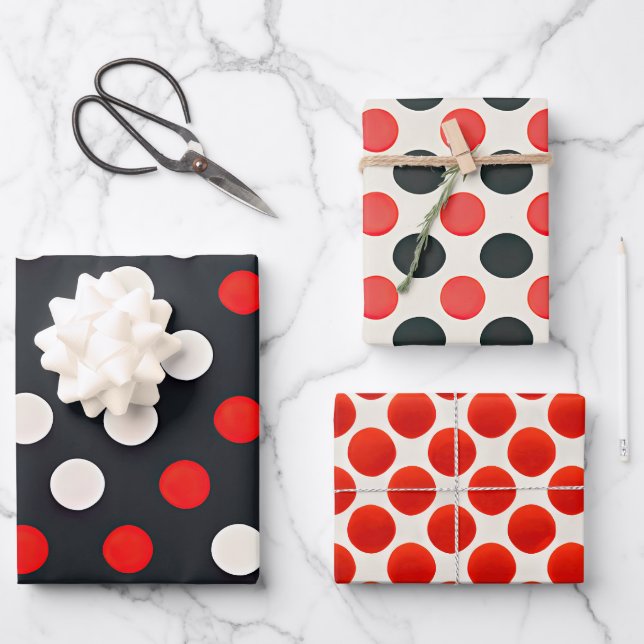 Vintag Red Schwarz-weiß Polka Dot Geschenkpapier Set (Vorderseite)