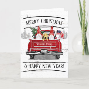 Vintag Red Truck Gnomes Dog Patriotische Weihnacht Feiertagskarte