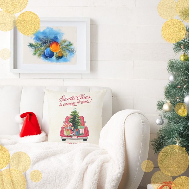 Vintag Red Truck Santa Claus Kissen (Vintage Red Truck Santa Claus Throw Pillow)