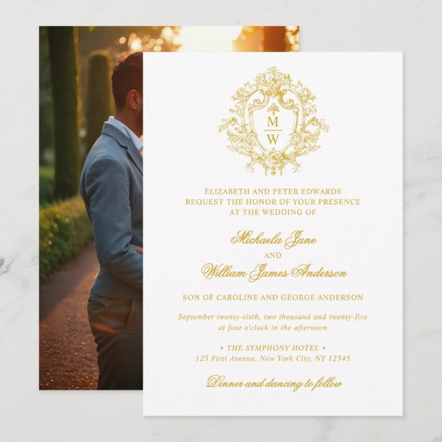 Vintag Regency Monogram Wappen Foto Wedding Einladung (Vorne/Hinten)