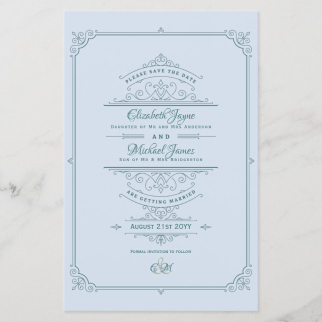 Vintag Regency Verziert Wedding rettet Termine Flyer (Vorne)