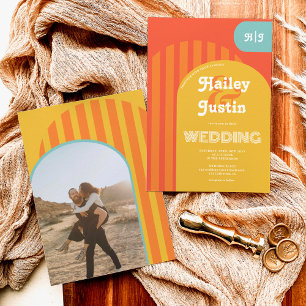 Vintag Retro 70er Terracotta Arche Foto Hochzeit Einladung