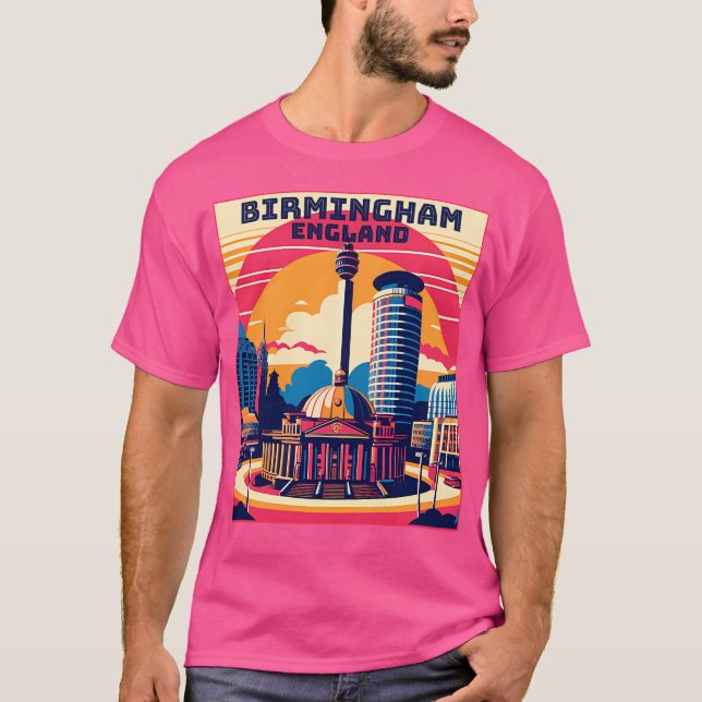 Vintag Retro Birmingham England Sehenswürdigkeiten T-Shirt (Vorderseite)