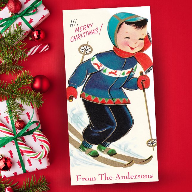 Vintag Retro Boy Skifahren Niedliche Weihnachten (Vintage Retro Boy Skiing Cute Custom Christmas Holiday Card.  Add your name and a special message!)