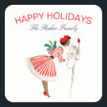 Vintag Retro Christmas Lady Red White Quadratischer Aufkleber<br><div class="desc">Vintag Retro Weihnachtsfrau in Kleidung an der Mailbox Holiday Sticker. Personalisieren Sie dies einfach mit Ihrem eigenen Familiennamen. Dieser Aufkleber wäre niedlich,  um Ihre Visitenkarten-Umschläge zu ergänzen,  um sie zu verschließen und an Freunde und Familie für die Feriensaison zu senden. Auch perfekt für Kunsthandwerk,  Sammlerstücke,  Geschenkverpackungen und vieles mehr.</div>
