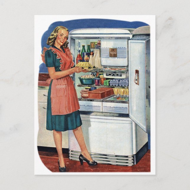 Vintag Retro Frauen 50er Küche Kühlschrank Postkarte (Vorderseite)