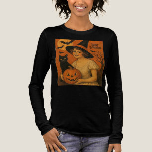 Vintag/Retro Happy Halloween Hexe, Katze, Kürbis Tri-Blend Shirt