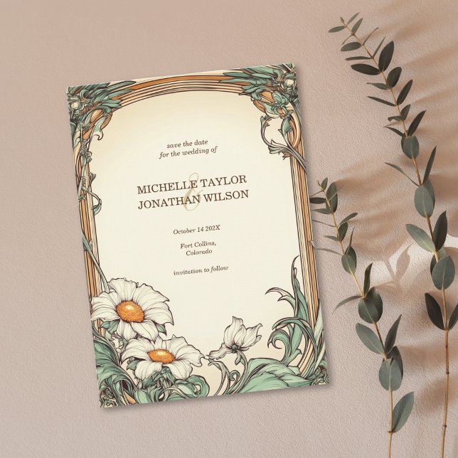 Vintag Retro Jugendstil Botanisch Save the Date Einladung (vintage art nouveau mucha wedding invitation with daisies)