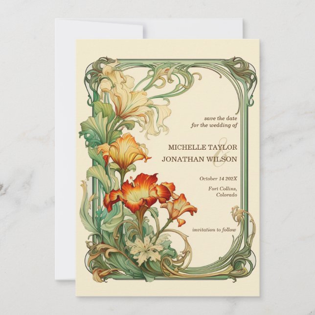 Vintag Retro Jugendstil Botanisch Save the Date Einladung (Vorderseite)