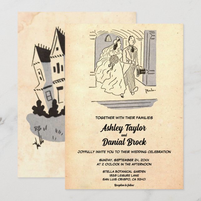 Vintag Retro Just Married Couple Romantic Wedding Einladung (Vorne/Hinten)