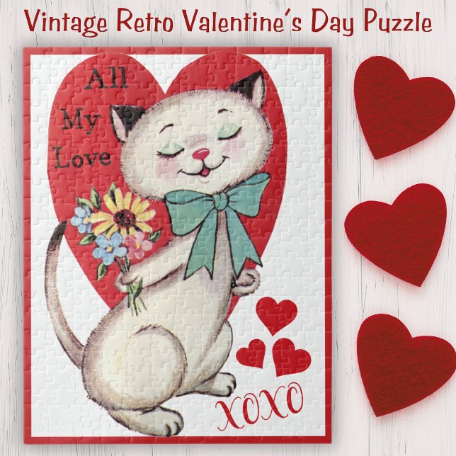 Vintag Retro Katze mit Blume Valentinstag (Vintage Retro Cat with Flowers Valentine's Day Jigsaw Puzzle)