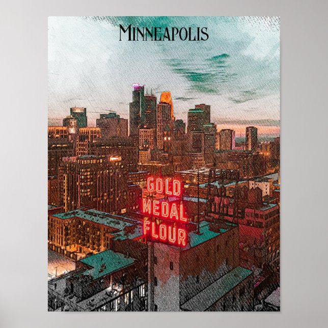 Vintag Retro Minneapolis Minnesota Reisen Skyline Poster (Vorne)