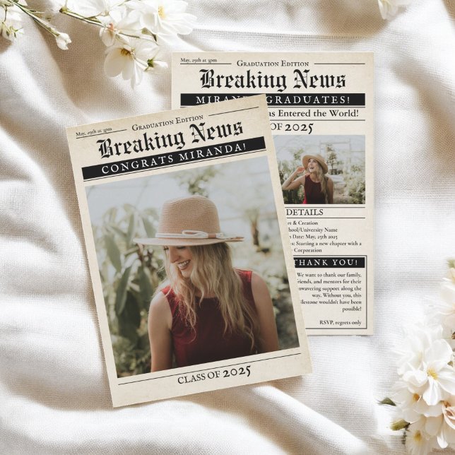 Vintag Retro Newspaper 3 Fotos Abschluss Ankündigung (Vintage Retro Newspaper 3 Photos Graduation Announcement)