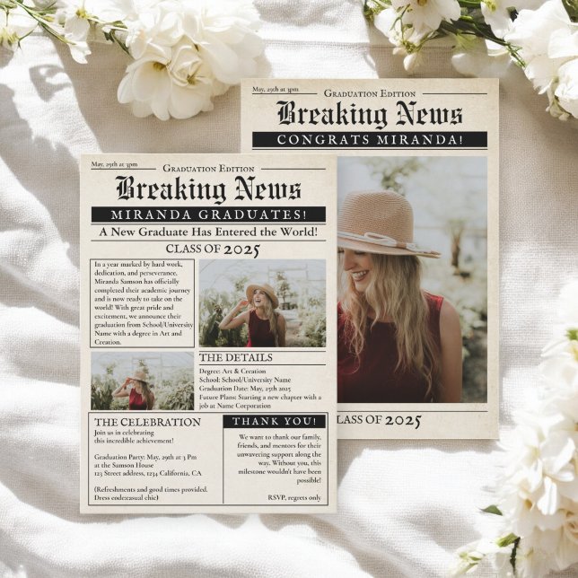 Vintag Retro Newspaper 3 Fotos Abschluss Einladung (Vintage Retro Newspaper 3 Photos Graduation Invitation)