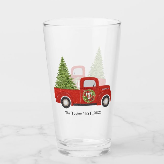 Vintag Retro Red Truck Weihnachtsbaum Monogramm Glas (Vorderseite)