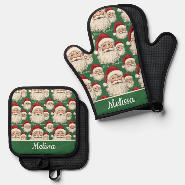 Vintag Retro Santa Face Green Ofenhandschuh & Topflappen-Set (Vorderseite/Rückseite)