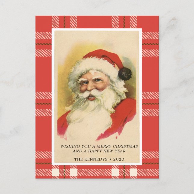 Vintag Retro Santa | Rote Karierte Weihnachtskarte Postkarte (Vorderseite)