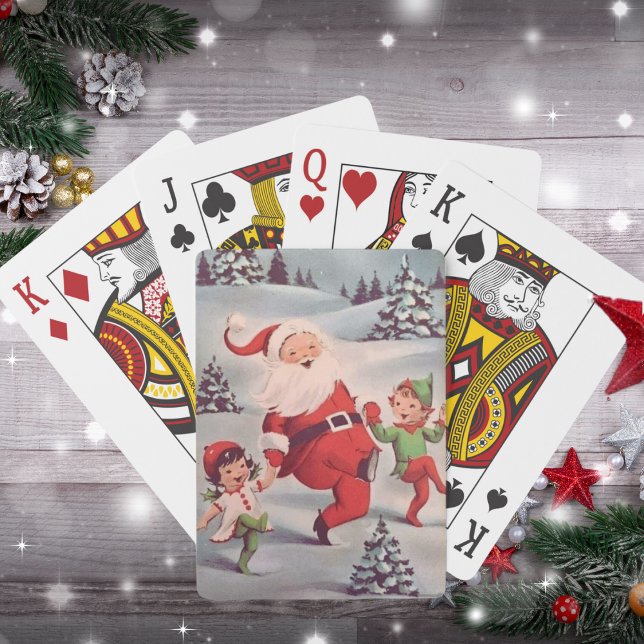 Vintag Retro Santa Tanzen mit Elfen Weihnachten Spielkarten (Vintage Retro Santa Dancing with Elves Christmas Poker Cards)