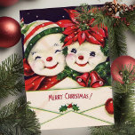 Vintag Retro Snowman Couple Custom Christmas Feiertagskarte<br><div class="desc">Diese bezaubernde Weihnachtskarte bietet ein niedliches Schneemannspaar in festlichen Urlaubshüten und Schals,  mit einem Umschlag,  der "Frohe Weihnachten" sagt. Personalisieren Sie diese,  indem Sie die Nachricht auf der Rückseite anpassen und/oder Ihren Namen hinzufügen.</div>