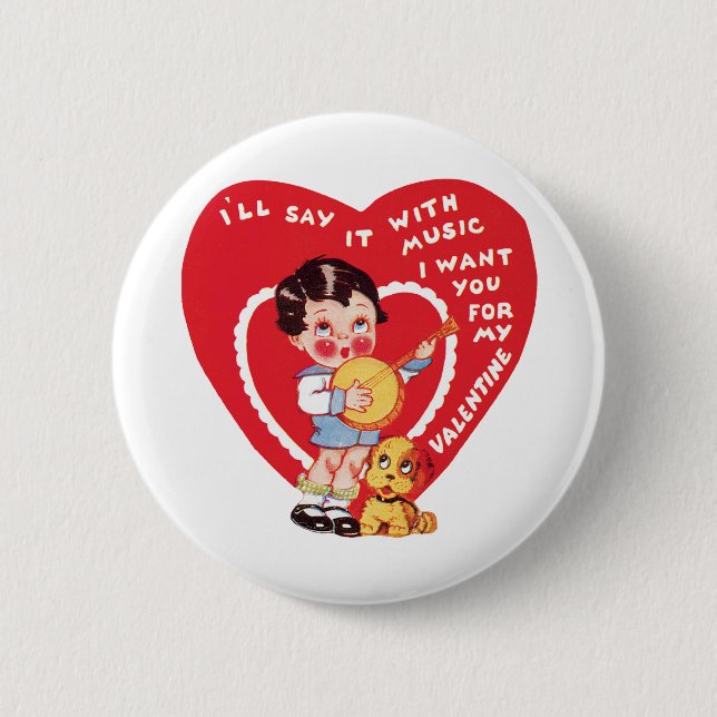Vintag Retro Valentinstag, Boy Music Banjo Button (Vorderseite)