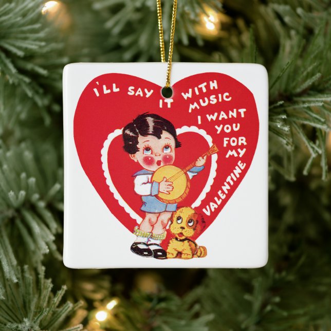 Vintag Retro Valentinstag, Boy Music Banjo Keramikornament (Baum)