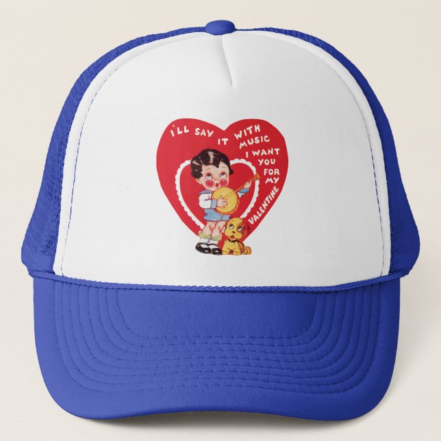 Vintag Retro Valentinstag, Boy Music Banjo Truckerkappe (Vorderseite)