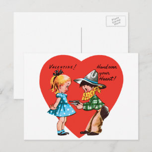 Vintag Retro Valentinstag, Mädchen mit Cowboy Feiertagspostkarte