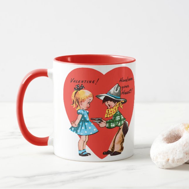 Vintag Retro Valentinstag, Mädchen mit Cowboy Tasse (Mit Donut)