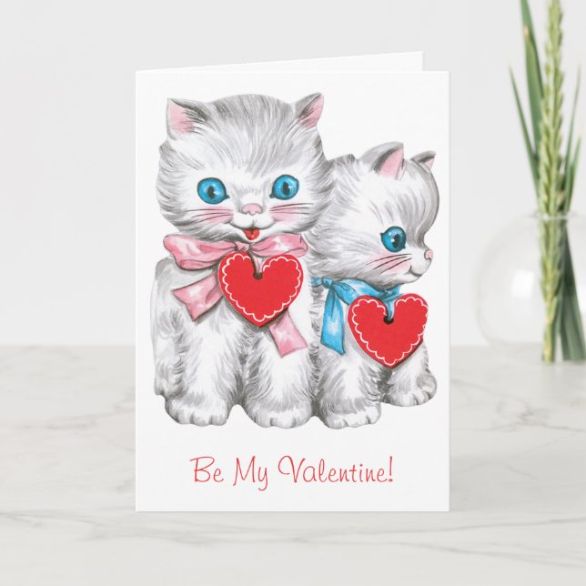 Vintag Retro Valentintagskatzen, Niedliche Kätzche Feiertagskarte (Vorderseite)