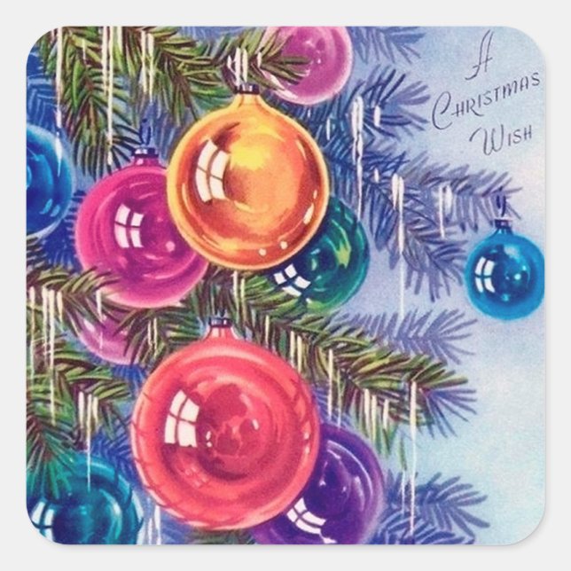 Vintag Retro Weihnachtsbälle Tree Ornamente Quadratischer Aufkleber (Vorderseite)