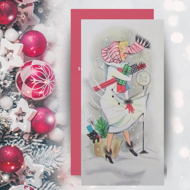 Vintag Retro Weihnachtsbushaltestelle Lady Custom Feiertagskarte (Vintage Retro Christmas Bus Stop Lady Custom Holiday Card. Just add your name & custom message!)