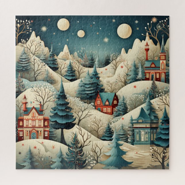 Vintag Retro Weihnachtsdorf Pine Trees Schnee (Vertikal)