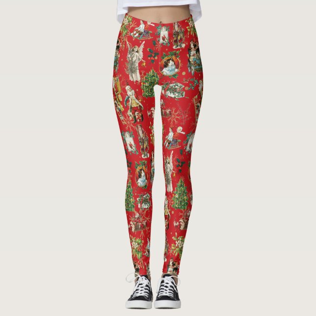 Vintag Retro Weihnachtsfest Rot Leggings (Vorderseite)