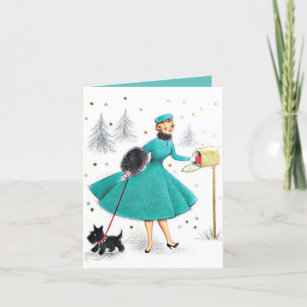 Vintag Retro Weihnachtsfrau mit Scotty Dog Feiertagskarte