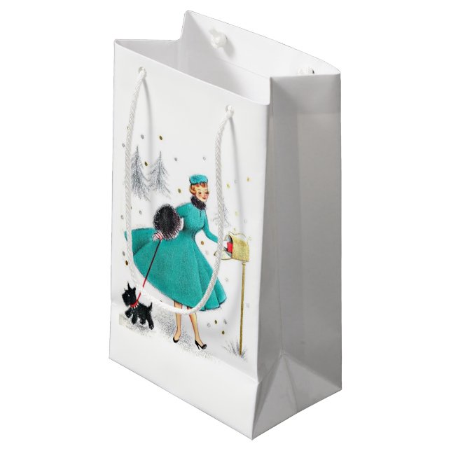Vintag Retro Weihnachtsfrau mit Scotty Dog Kleine Geschenktüte (Vorderseite Schrägansicht)