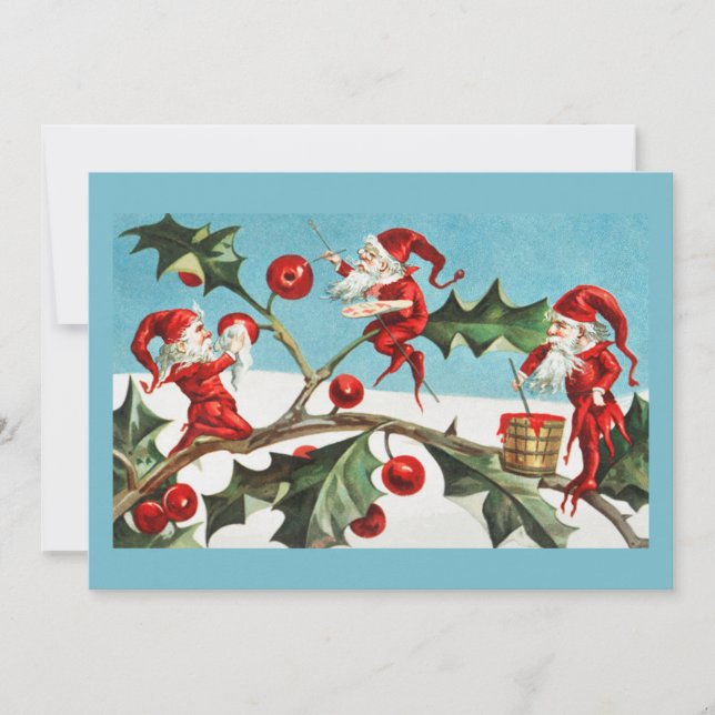 Vintag Retro Weihnachtskarte Holly & Pixies Feiertagskarte (Vorderseite)