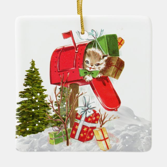 Vintag Retro Weihnachtskatzenwelt Keramik Ornament (Vorderseite)