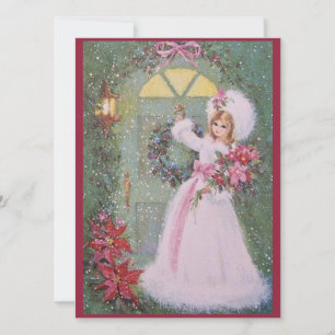 Vintag Retro Weihnachtsmädchen mit Poinsettias Feiertagskarte