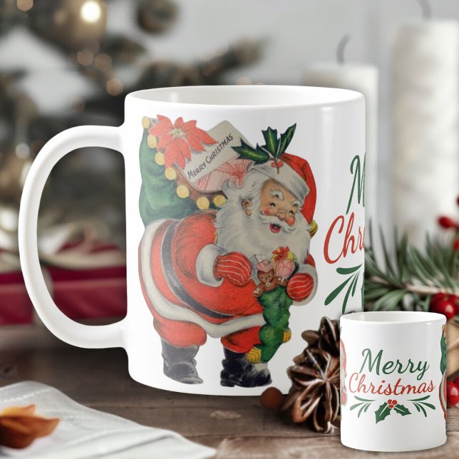 Vintag Retro Weihnachtsmann mit Tasche Frohe Weihn Kaffeetasse (Vintage Retro Santa Claus with Bag Merry Christmas Coffee Mug)