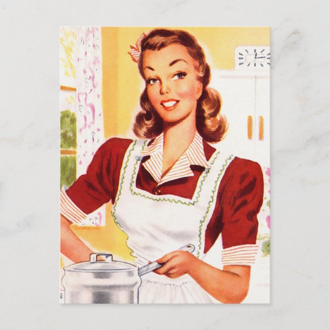 Vintag Retro Women Kitsch 50er Kitchen Magie Postkarte (Vorderseite)