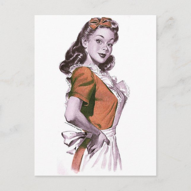 Vintag Retro Women Kitsch Happy Hausfrau Postkarte (Vorderseite)