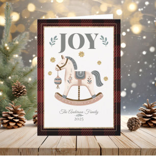 Vintag Rocking Horse Rot Kariert Heirloom Freude Feiertagskarte