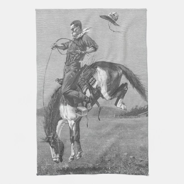 Vintag Rodeo Cowboys, Bucking Bronco von Remington Geschirrtuch (Vertikal)