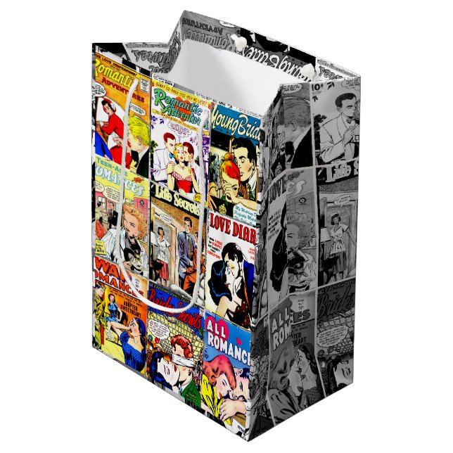 Vintag Romance Comic Book Cover Collage Mittlere Geschenktüte (Vorderseite Schrägansicht)
