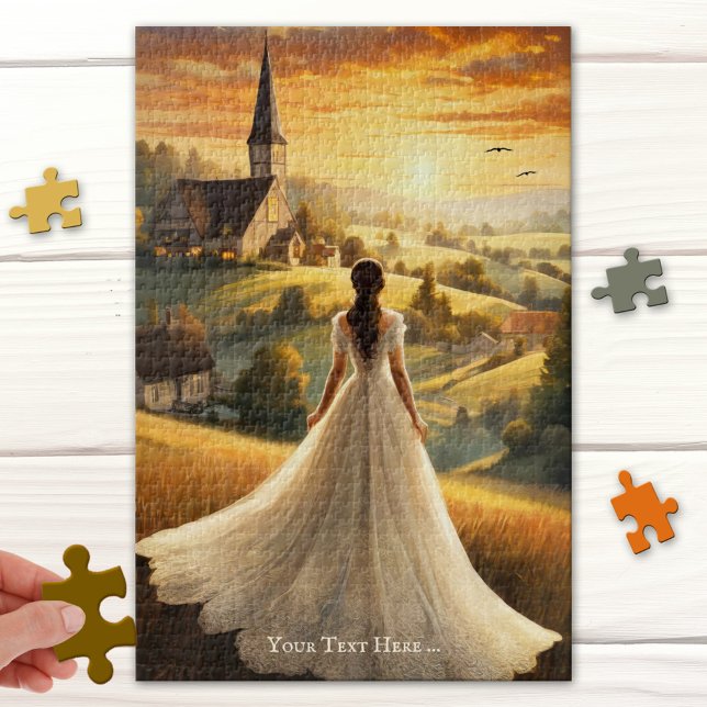 Vintag Romantische Sonnenuntergang Landschaftsbild (Puzzle featuring a romantic fine art painting of a lady in a long dress looking at the sunset )
